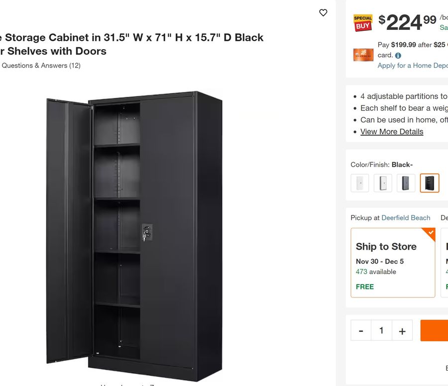 Metal Garage Storage Cabinet in 31.5 W x 71 H x 15.7 D Black Cabinet 5  Tier Shelves with Doors