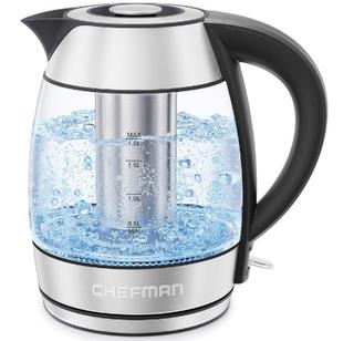 Chefman Electric Glass Kettle LED Indicator Lights, 360 deg Swivel Base,  BPA Free, Stainless Steel, 1.8 Liters