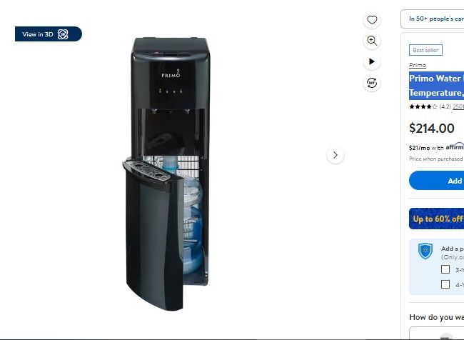 Primo Water Dispenser Bottom Loading, Hot/Cold Temperature, Black Model  601088